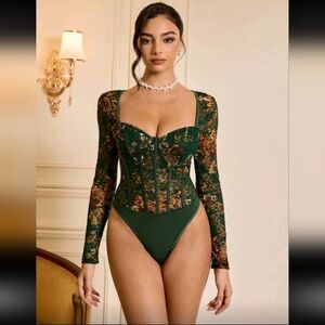 Elegant Green Floral Lace Bodysuit